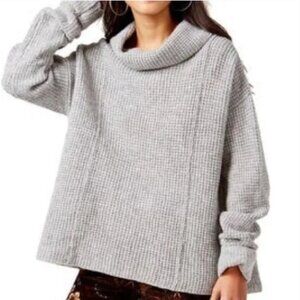 FREE PEOPLE Sidewinder Grey Waffle Knit Cowl Turtleneck 100% Wool Sweater Size S